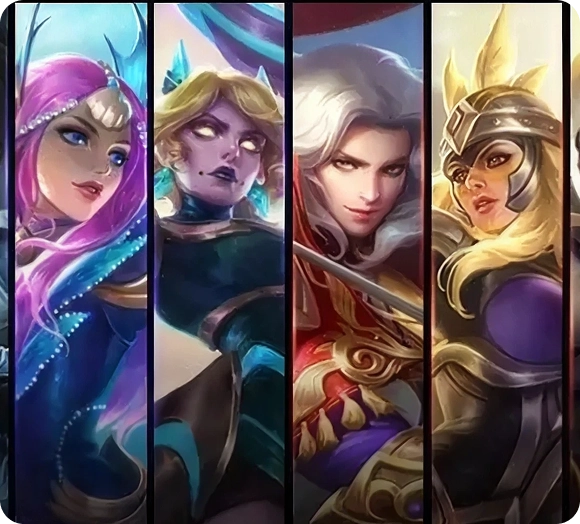 Een selectie van Mobile Legends-helden met verschillende uiterlijkheden, uitrusting en gevechtsrollen.