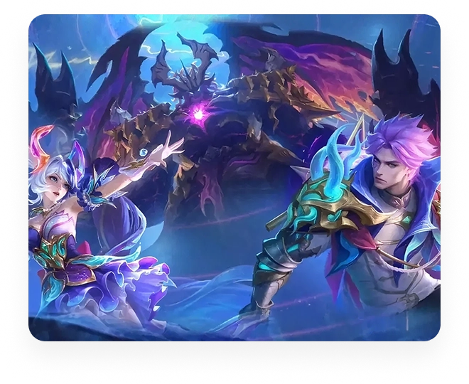 Twee fantasiehelden die zich voorbereiden om een grote vijand te confronteren in een dramatische scène van Mobile Legends.