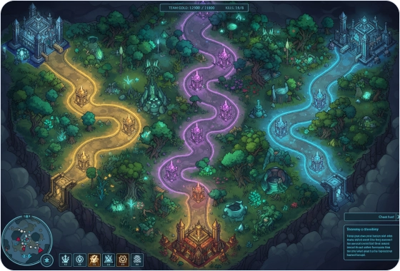 Een gestileerde strijdkaart die meerdere routes, bases en strategische gebieden toont die worden gebruikt voor teamgebaseerd spel.