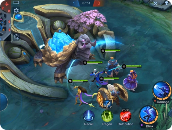 Een gecoördineerde groep Mobile Legends-helden die samen een krachtige neutrale doelstelling aanvallen.